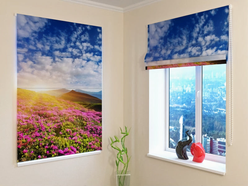 Roman blinds, curtains with print - nature - flowers and mountain wallpapershop.lv