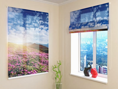 Roman blinds, curtains with print - Nature - Flowers and mountains Tapetenshop.lv