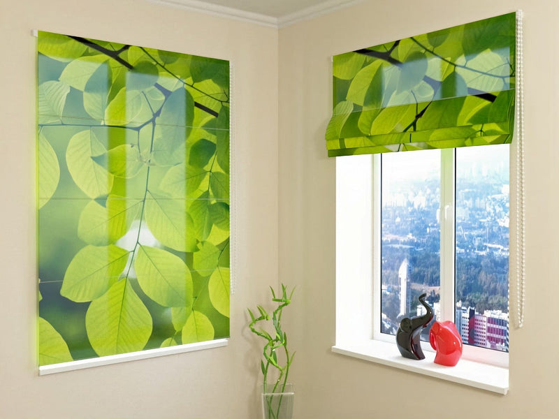 Roman blinds - Spring twig with green leaves - fresh greenTapetenshop.lv