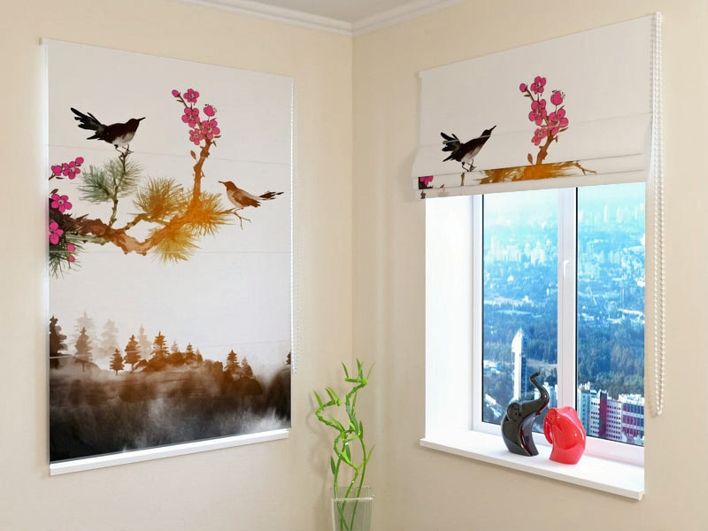 Blinds - Birds on a tree branch - oriental style - made to order Tapetenshop.lv