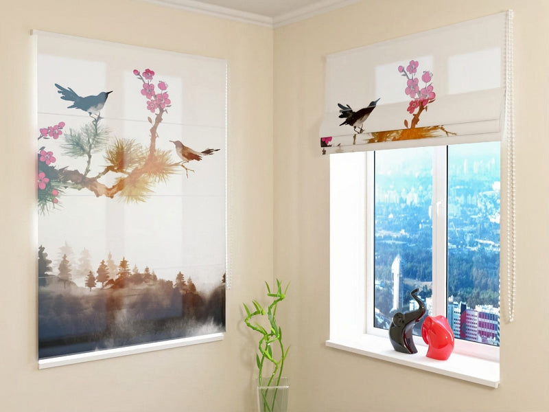 Blinds - Birds on a wooden branch - Eastern style - on order on Tapetenshop.lv