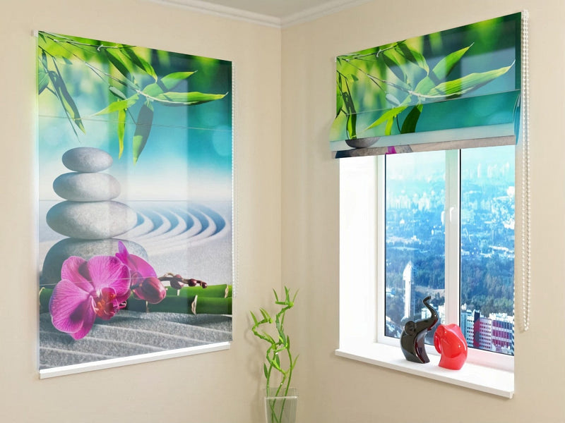 Roman blinds with oriental themes - Pink orchids in the zen garden Tapetenshop.lv