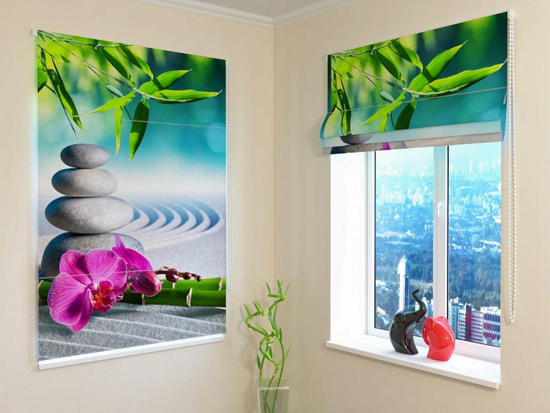 Roman blinds with Eastern theme- pink orchids at Zen Garden Tapetenshop.lv