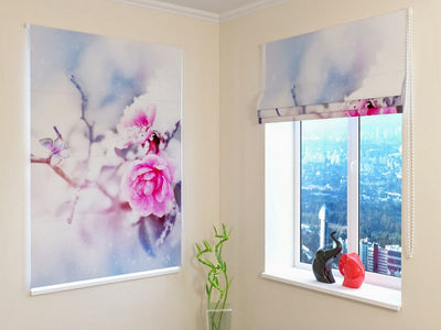 Quality printed blinds - Roses and butterflies in snow - order at Tapetenshop.lv