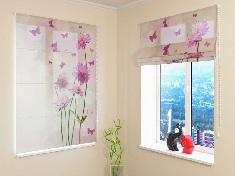 Romantic blinds by size - Wild flowers and pink butterflies Tapetenshop.lv