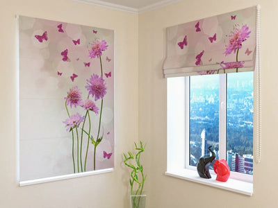 Romantic blinds in size - wild flowers and pink butterflies on walletenshop.lv