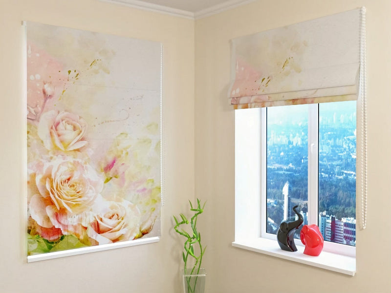 Roman blinds with roses - fine watercolor roses - order Tapetenshop.lv