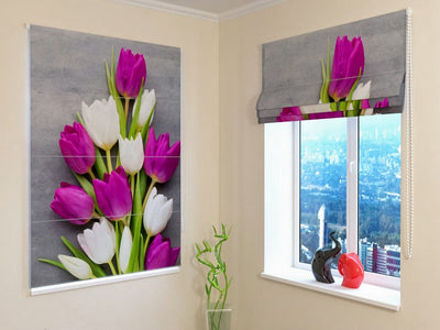 Blinds with spring mood - purple and white tulips on Tapetenshop.lv