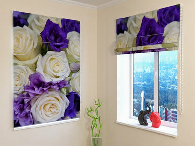 Romantic blinds for the room - a bouquet of purple and white roses on the Tapetenshop.lv