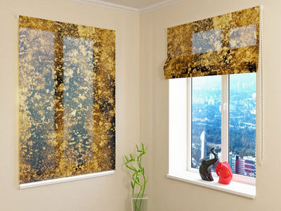 Roman blinds with abstract article - gold flakes on black wallpaper.lv