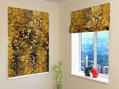 Roman blinds with abstract pattern - Golden flakes on black Tapetenshop.lv