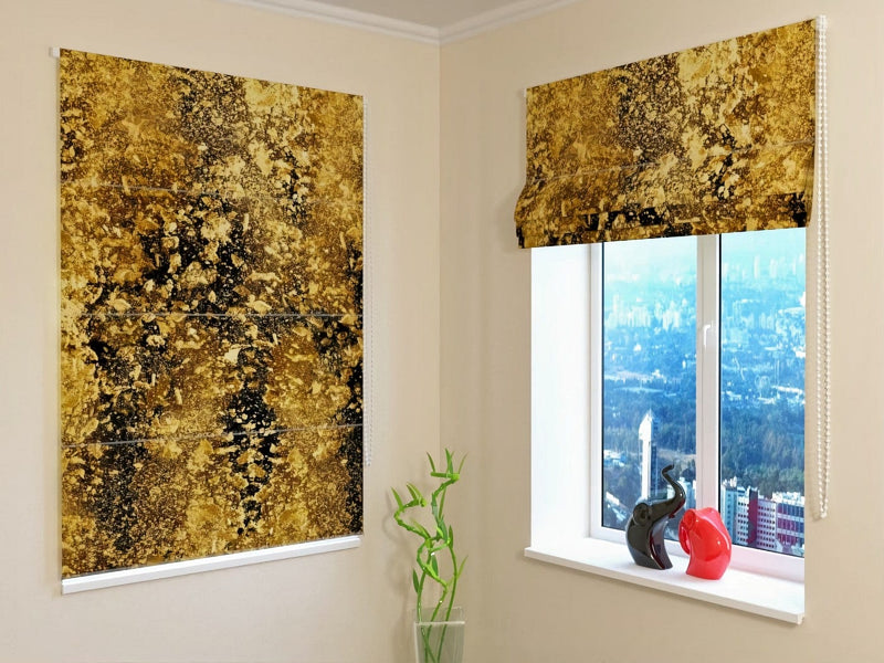 Roman blinds with abstract pattern - Golden flakes on black Tapetenshop.lv