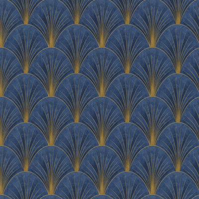 Wallpaper with ArtDeco ornament blue/gold, 3771164 Tapetenshop.lv