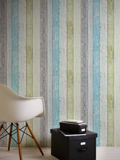 Wallpaper with wooden pattern in vintage style - blue, green, white, 855077 AS Creation