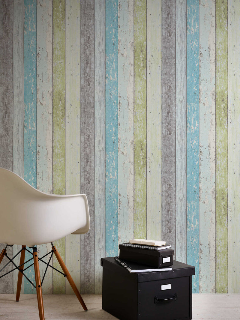 Wallpaper with vintage wooden pattern - blue, green, white, 855077 AS Creation