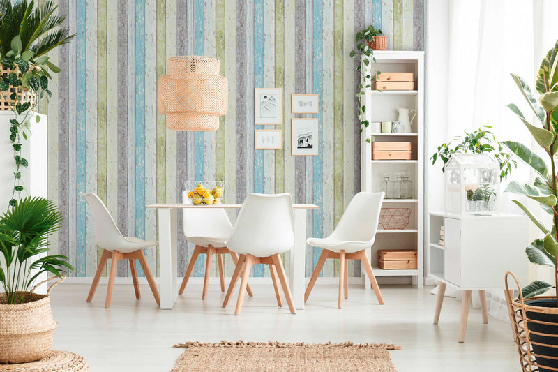 Wallpaper with vintage wooden pattern - blue, green, white, 855077 AS Creation