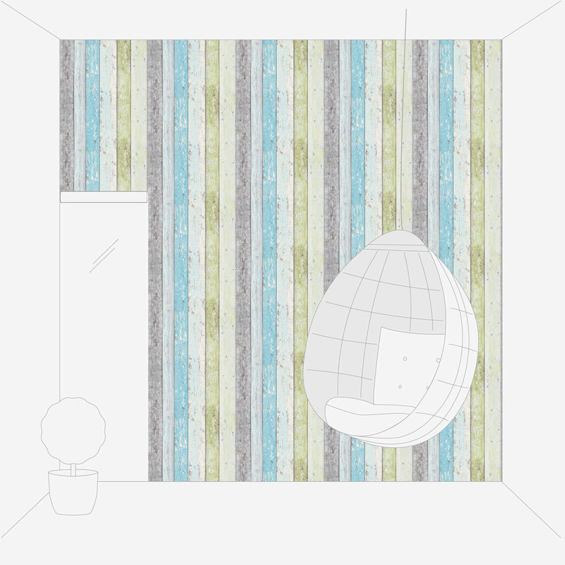 Wallpaper with wooden pattern in vintage style - blue, green, white, 855077 AS Creation