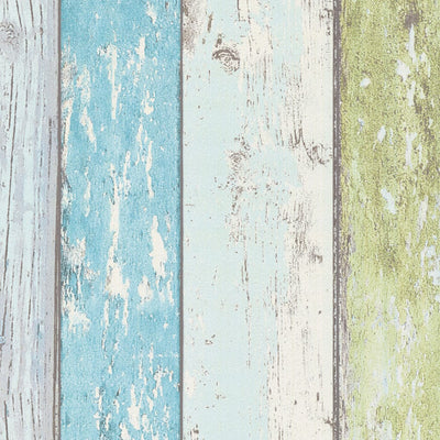 Wallpaper with wooden pattern in vintage style - blue, green, white, 855077 AS Creation