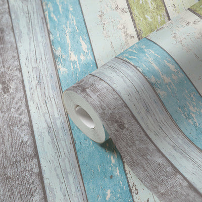 Wallpaper with vintage wooden pattern - blue, green, white, 855077 AS Creation