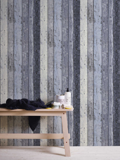 Wallpaper with wooden pattern in vintage and country style - in blue shades, 855060 AS Creation