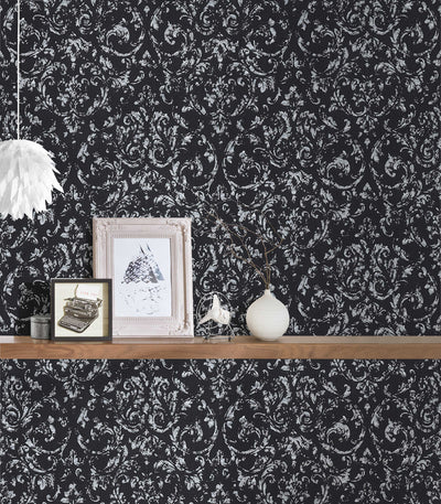 Wallpaper with ornament with metallic effect, black, silver - 306606 AS Creation