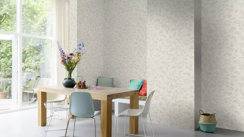 Wallpaper with twigs on textile background and gentle shine, gray, 653861 rasch