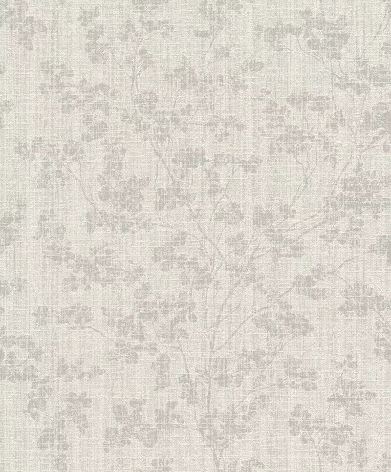 Wallpaper with twigs on textile background and gentle shine, gray, 653861 rasch