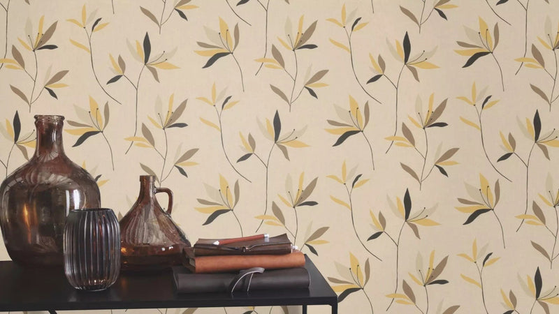 Wallpaper Rasch with elegant textile texture and leaves, brown, 634082 rasch