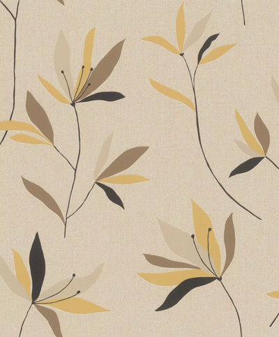 Wallpaper Rasch with elegant textile texture and leaves, brown, 634082 rasch