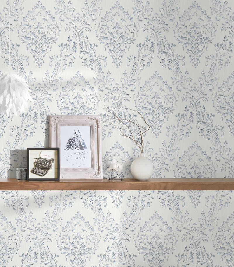 Textile wallpaper with classic ornament - silver, white - 306591 AS Creation