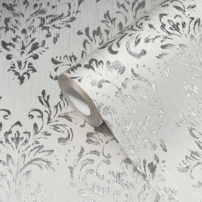 Textile wallpaper with classic ornament - silver, white - 306591 AS Creation