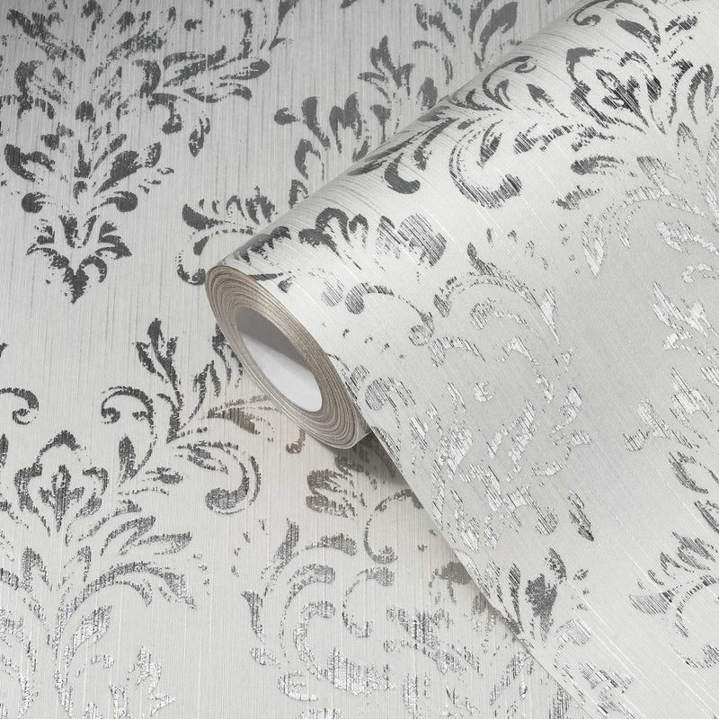 Textile wallpaper with classic ornament - silver, white - 306591 AS Creation