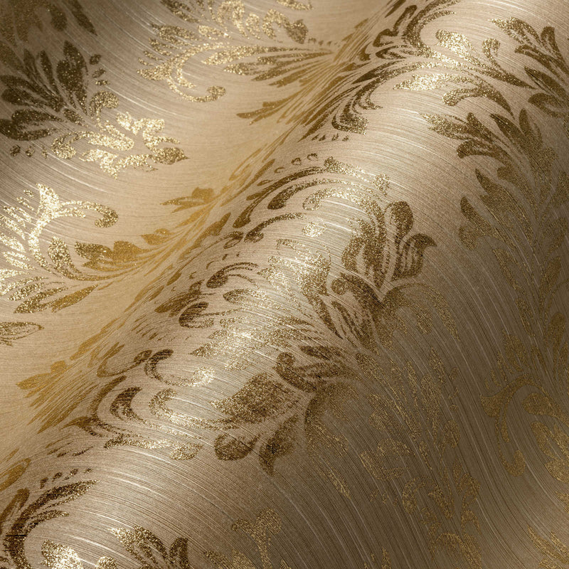 Textile wallpaper with a classic ornament in gold tones -306594 AS Creation