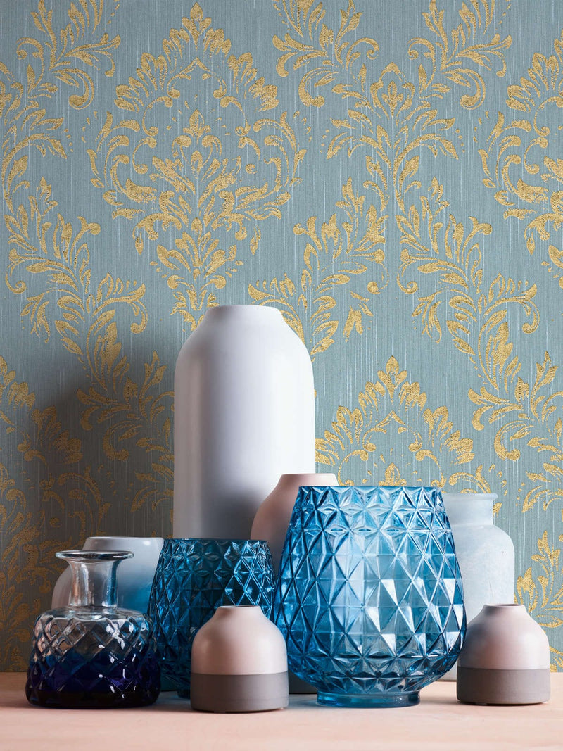 Textile wallpaper with classic ornament - blue and gold, 306595 AS Creation