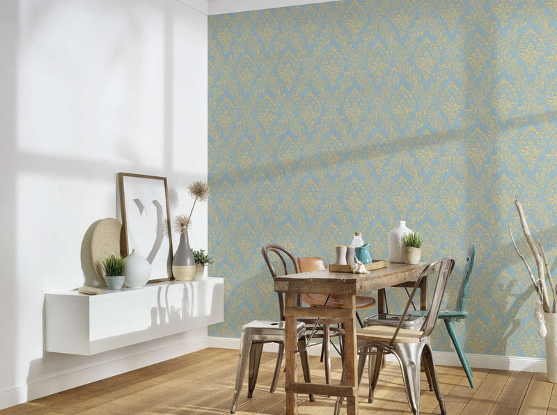 Textile wallpaper with classic ornament - blue and gold, 306595 AS Creation