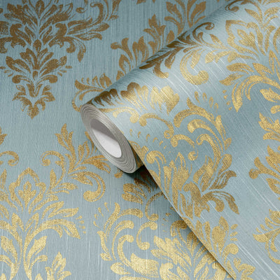 Textile wallpaper with classic ornament - blue and gold, 306595 AS Creation