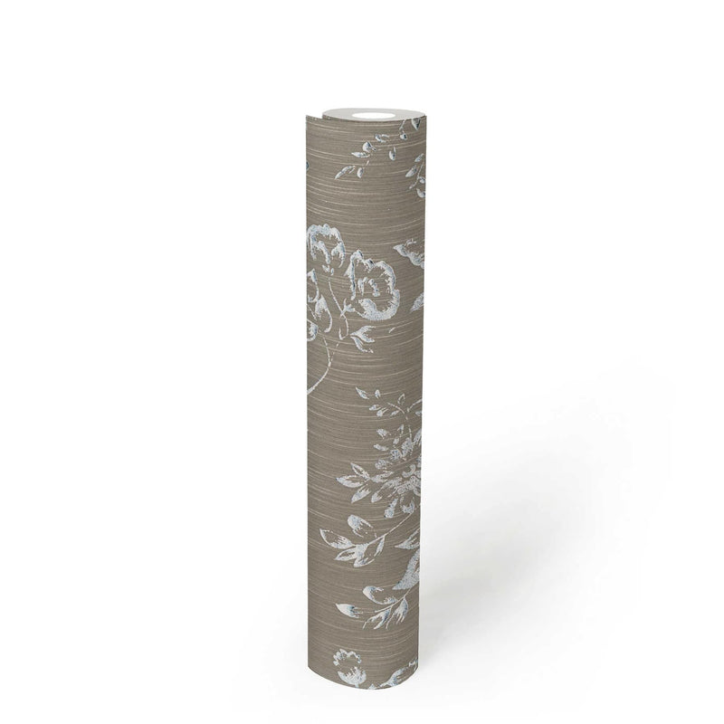 Textile wallpapers with silver flower pattern - silver, brown - 306574 AS Creation