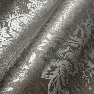 Textile wallpapers with silver flower pattern - silver, brown - 306574 AS Creation