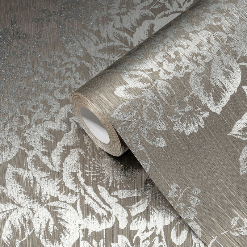 Textile wallpapers with silver flower pattern - silver, brown - 306574 AS Creation