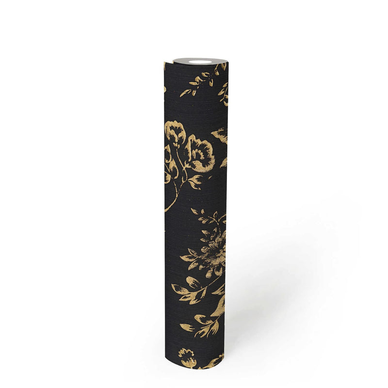 Textile wallpaper with golden flower pattern - gold, black - 306577 AS Creation