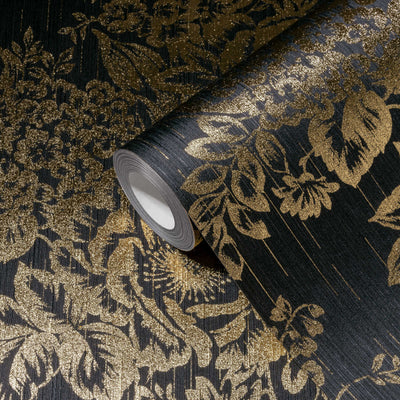 Textile wallpaper with golden flower pattern - gold, black - 306577 AS Creation