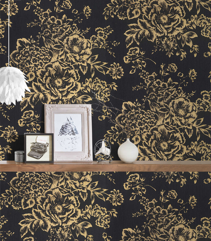 Textile wallpaper with golden flower pattern - gold, black - 306577 AS Creation