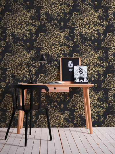 Textile wallpaper with golden flower pattern - gold, black - 306577 AS Creation