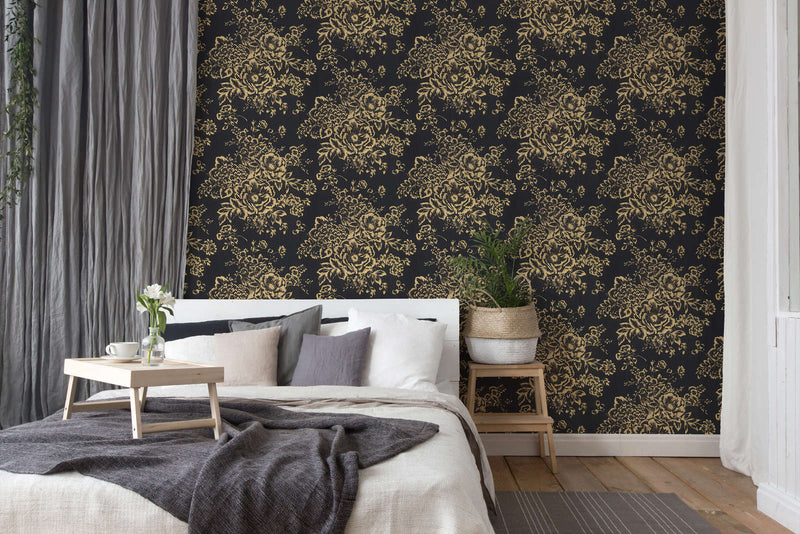 Textile wallpaper with golden flower pattern - gold, black - 306577 AS Creation