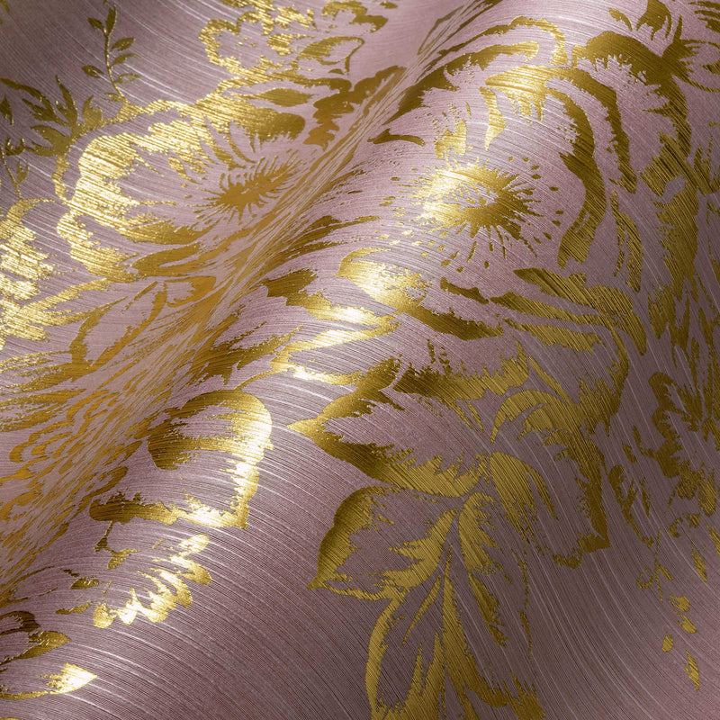 Textile wallpaper with golden flower pattern - gold, pink - 306575 AS Creation