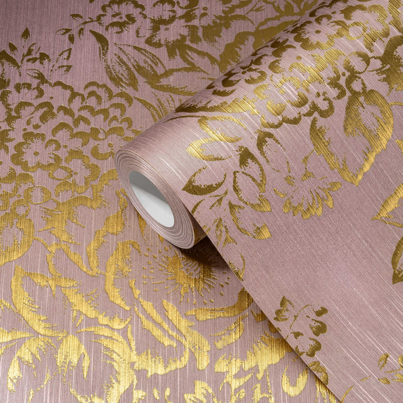 Textile wallpaper with golden flower pattern - gold, pink - 306575 AS Creation