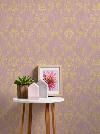 Textile wallpaper with floral elements in gold, pink - 306585 AS Creation