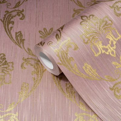 Textile wallpaper with floral elements in gold, pink - 306585 AS Creation