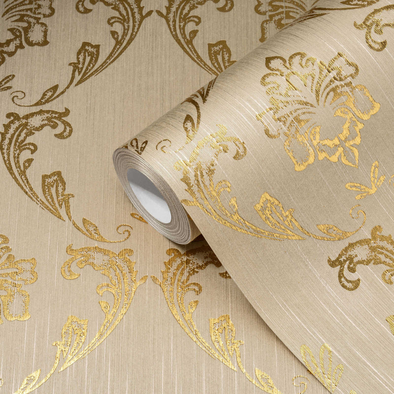 Textile wallpaper with floral elements in gold - gold, beige, 306582 AS Creation