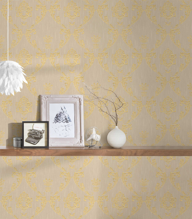 Textile wallpaper with floral elements in gold - gold, beige, 306582 AS Creation